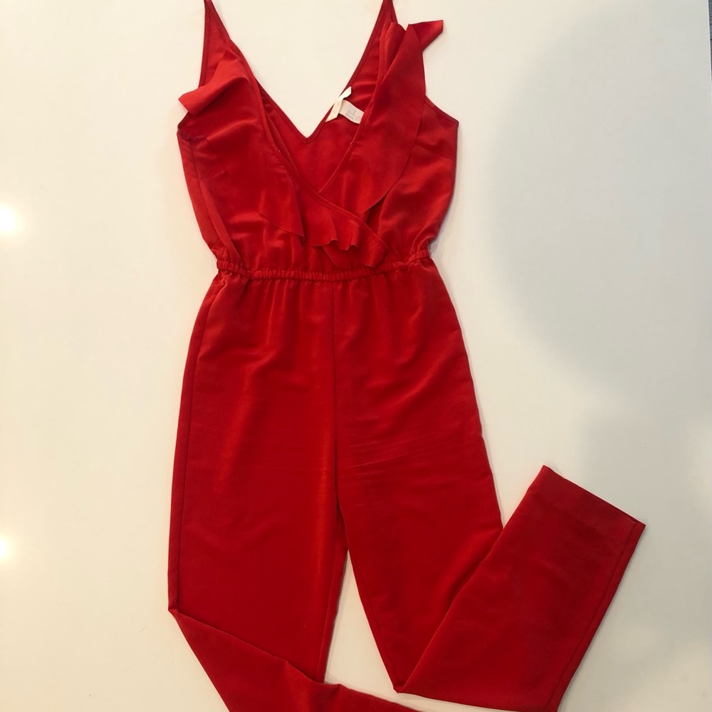 H&M Red Jumpsuit with Ruffle V Neck Size 4